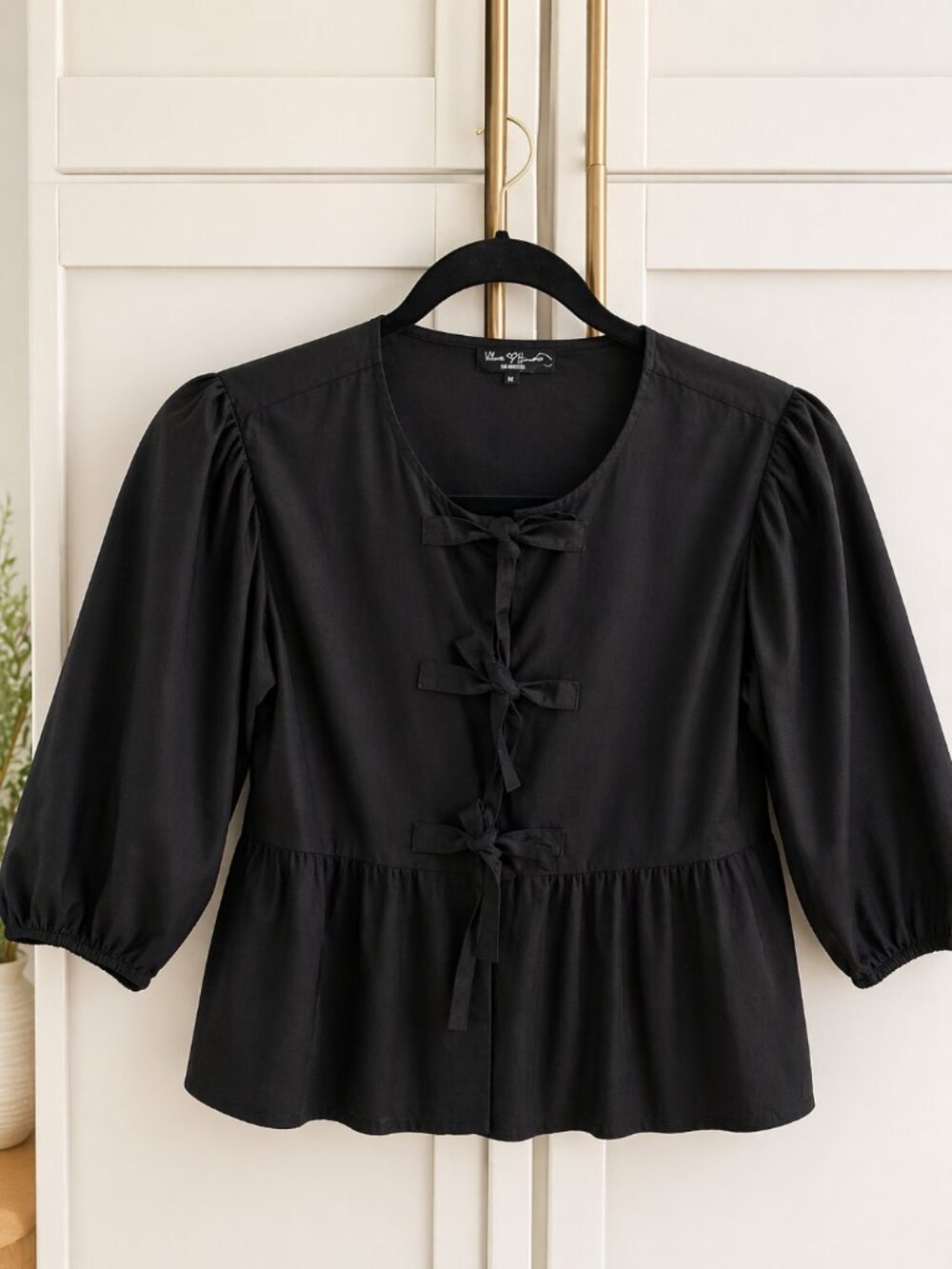Black Tie-Front Peplum Blouse | Puff Sleeve Boutique Style
